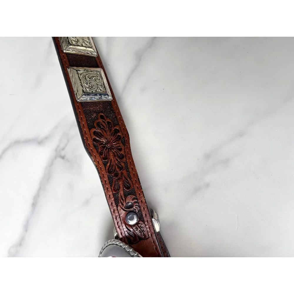 Ranger Belt Western American‎ Flag Horse Belt Brown Leather Concho Tooled 34